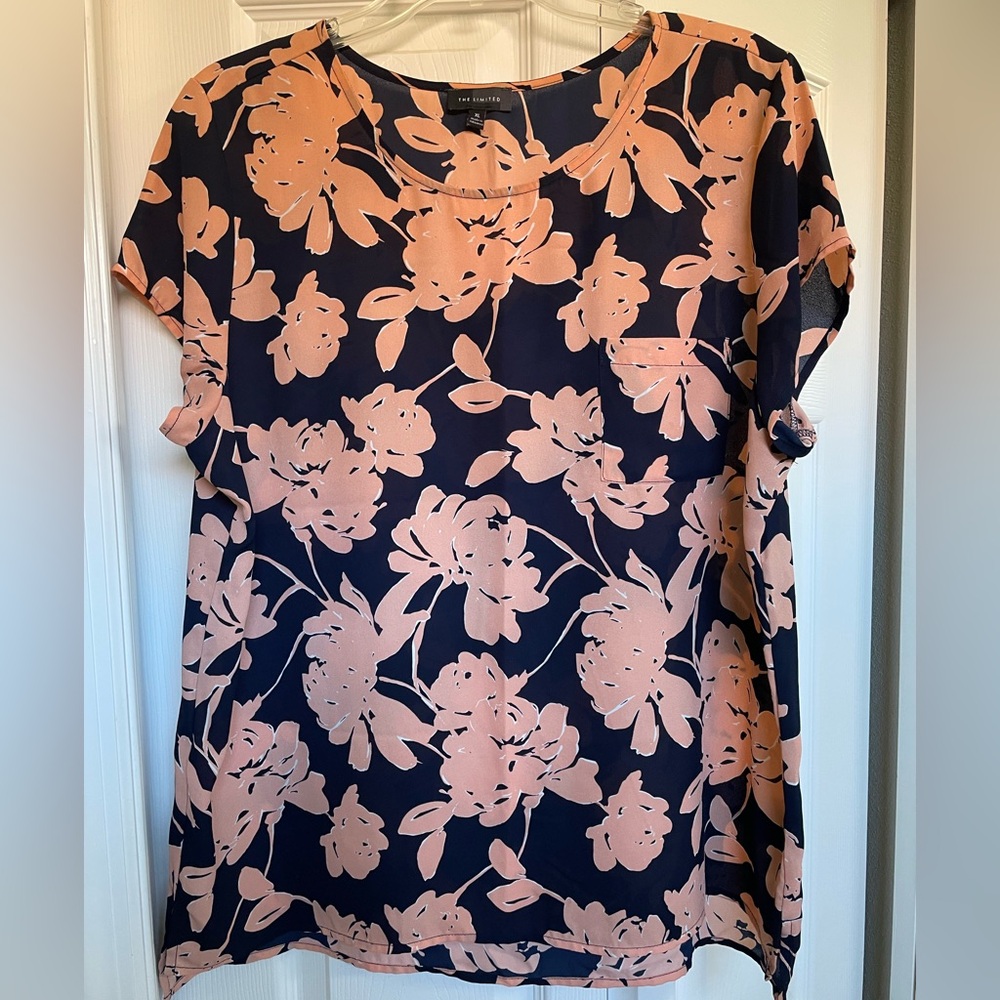 The Limited Navy and Peach Floral Short Sleeve Top